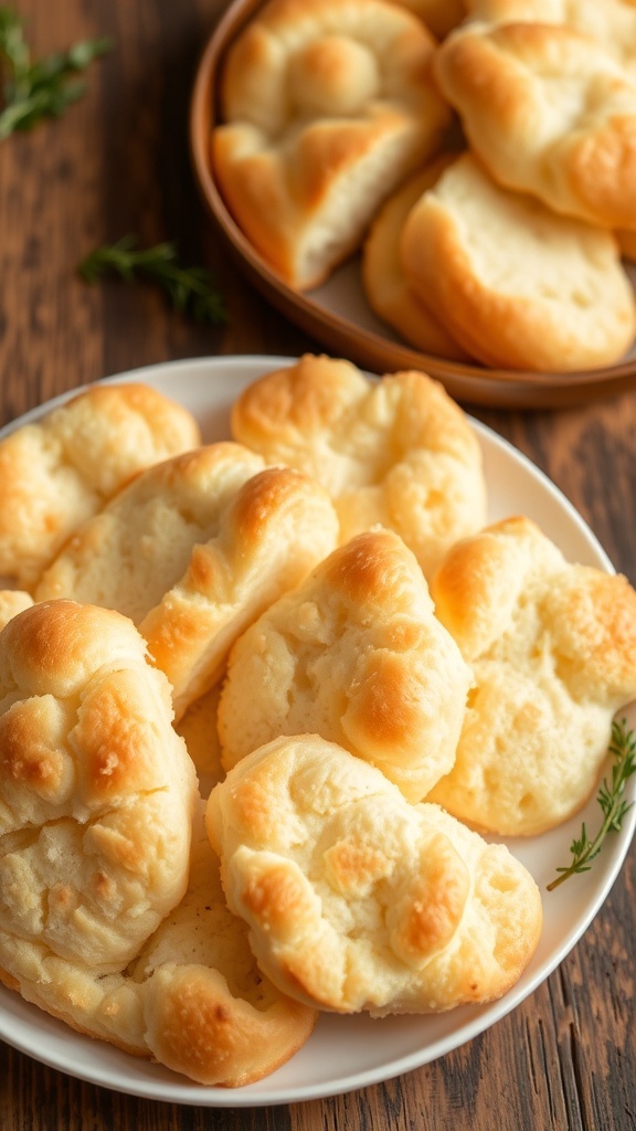 Fluffy Cloud Bread Recipe Fluffy cloud bread pieces on a plate, golden brown and airy, on a rustic wooden table.